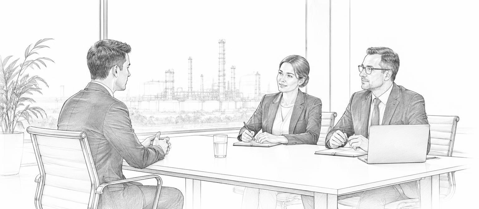 Industrial recruitment — illustrative scene — line drawing