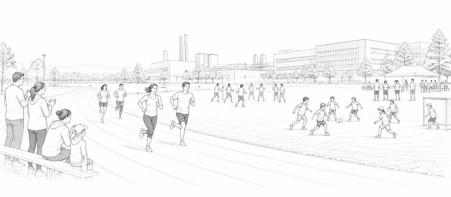 Corporate community sports — illustrative scene — line drawing