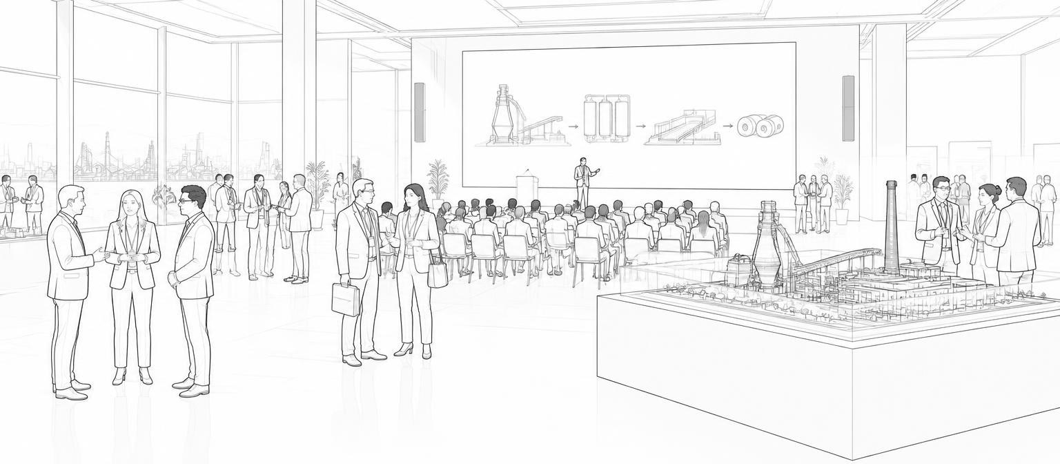 Industrial conference — illustrative scene — line drawing