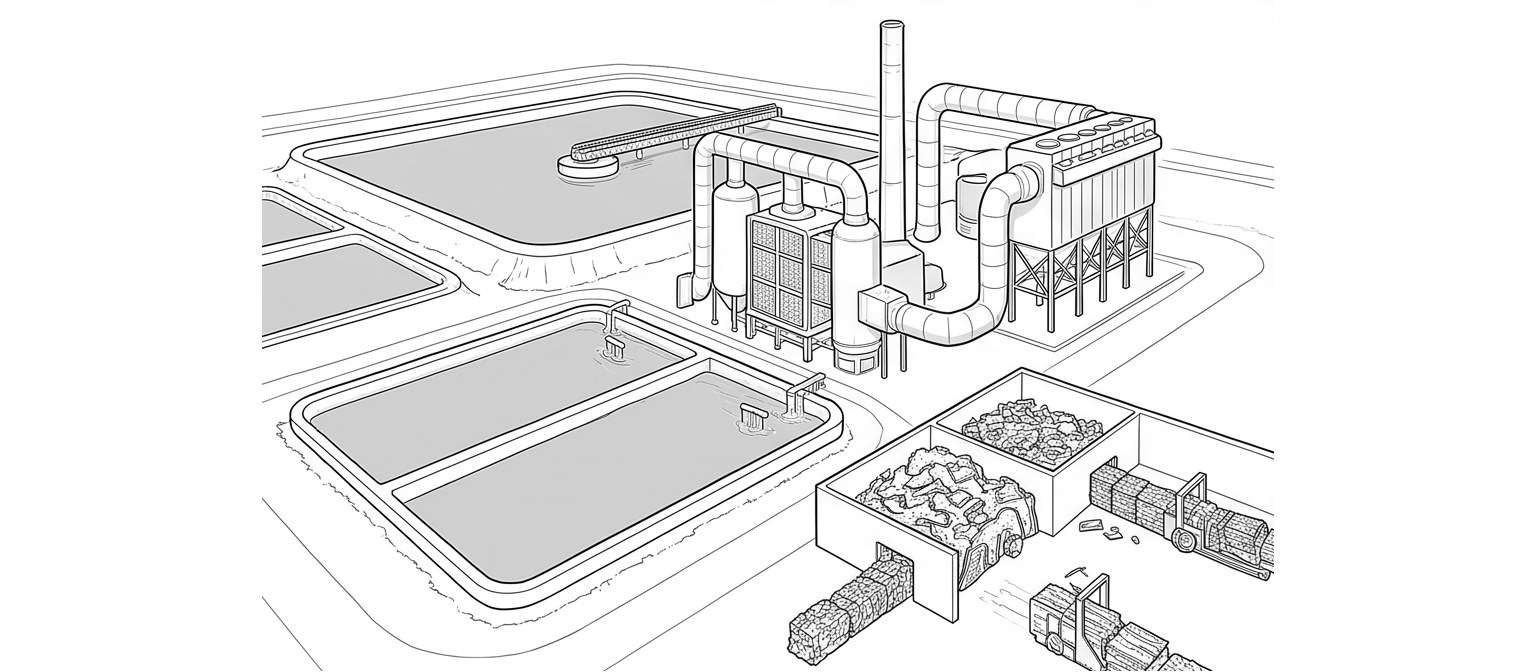 Water, materials & recovery — line drawing